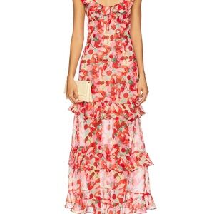 For Love & Lemons Red and Pink Floral Tiered Maxi Dress